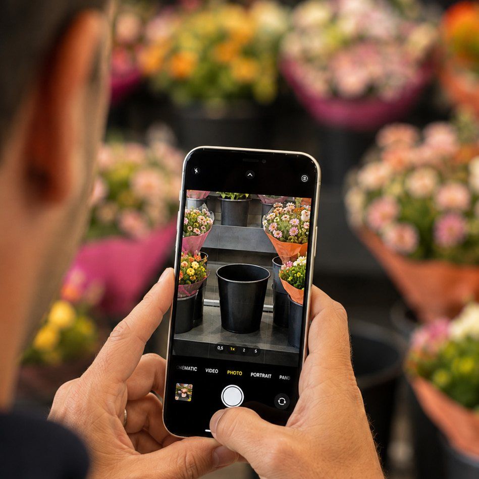 Ein Foto der Blumenabteilung wird mit dem Telefon gemacht